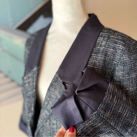 Adrianna Papell Navy Blue Tweed Blazer Size 14 Lady Jacket Open Preppy Old Money - Picture 5 of 9